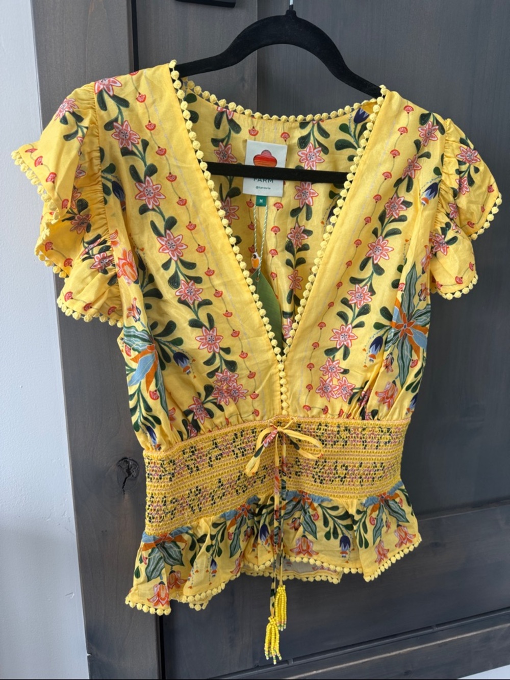 FARM Rio Yellow Floral Smocked V-Neck Blouse